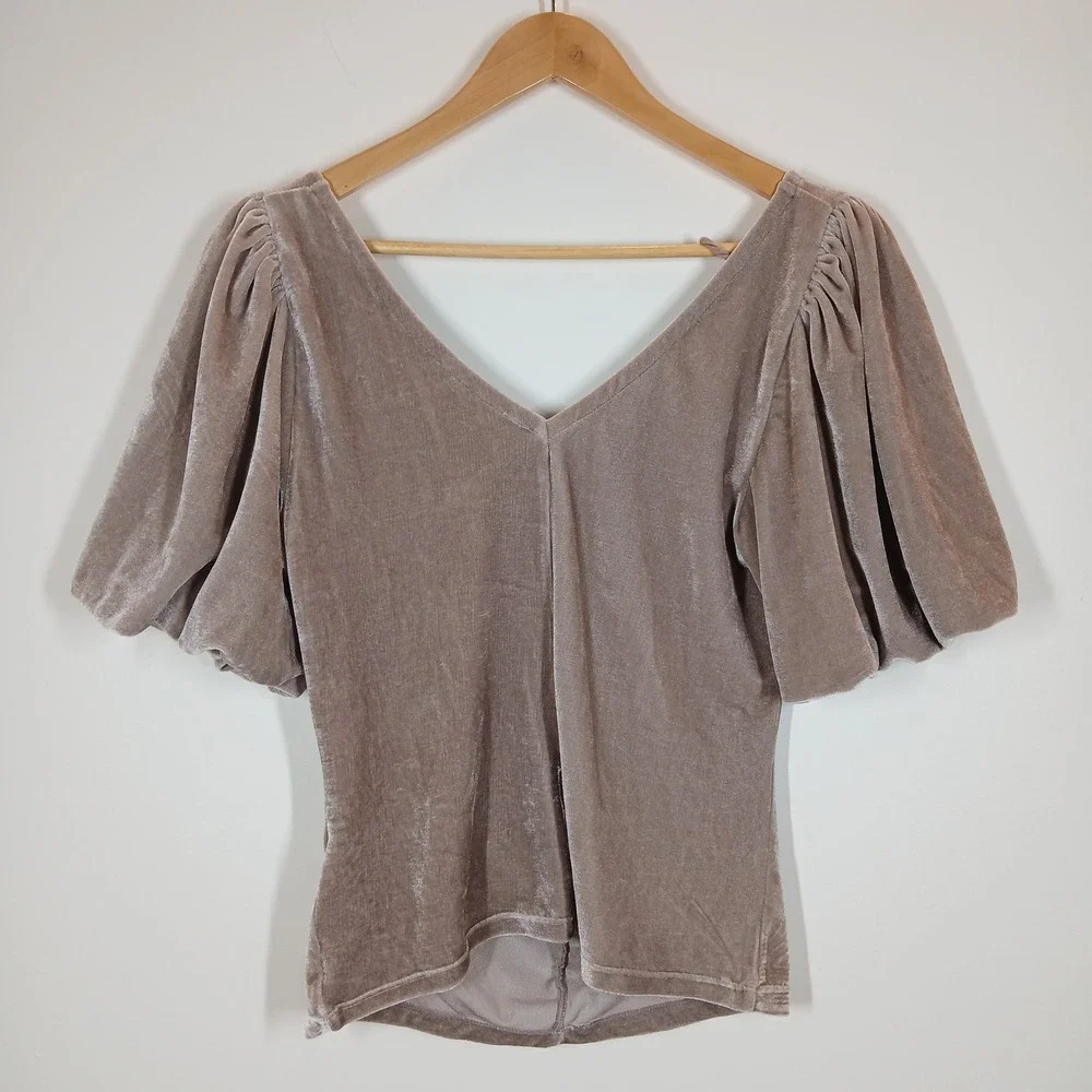 Free People Top Women's 0 Tan Velvet Ruched Puff Sleeve Stretch